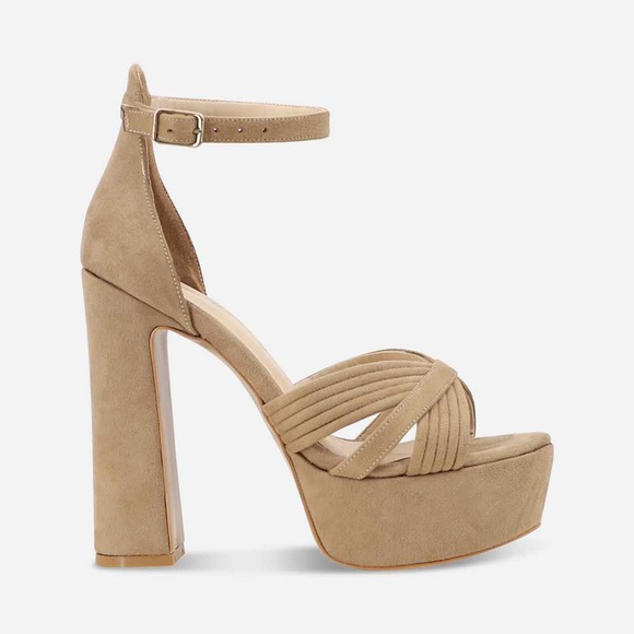 Women’s Salma Platform Block High Heel Sandal In Camel Brown Faux Suede - Picture 2 of 4